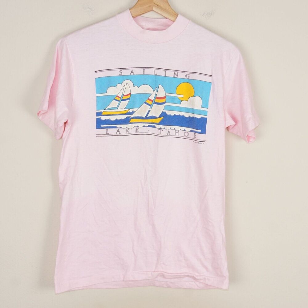 Vintage Hanes BEEFY Pink Sailing Lake Tahoe T Shirt Sz M READ DETAILS
